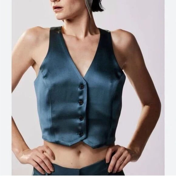 Jason Wu Teal Cropped Satin Vest Medium - Picture 1 of 6